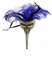 Masque vénitien long nez à plumes couleur bleue sur le front 