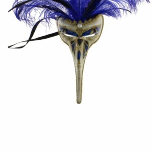 Masque vénitien long nez à plumes couleur bleue sur le front