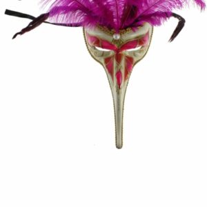 Masque vénitien long nez à plumes fushia sur le front