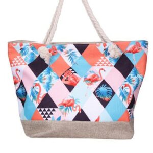 Sac de plage motif flamant rose et tropical